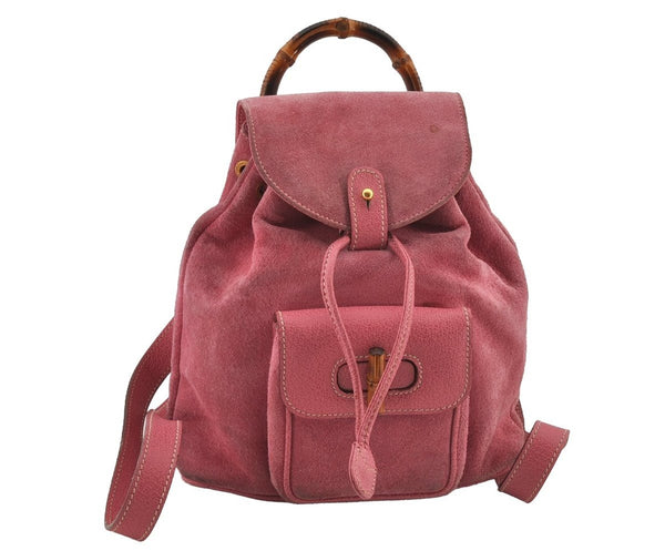 Authentic GUCCI Vintage Bamboo Drawstring Backpack Suede Leather Pink 6632J