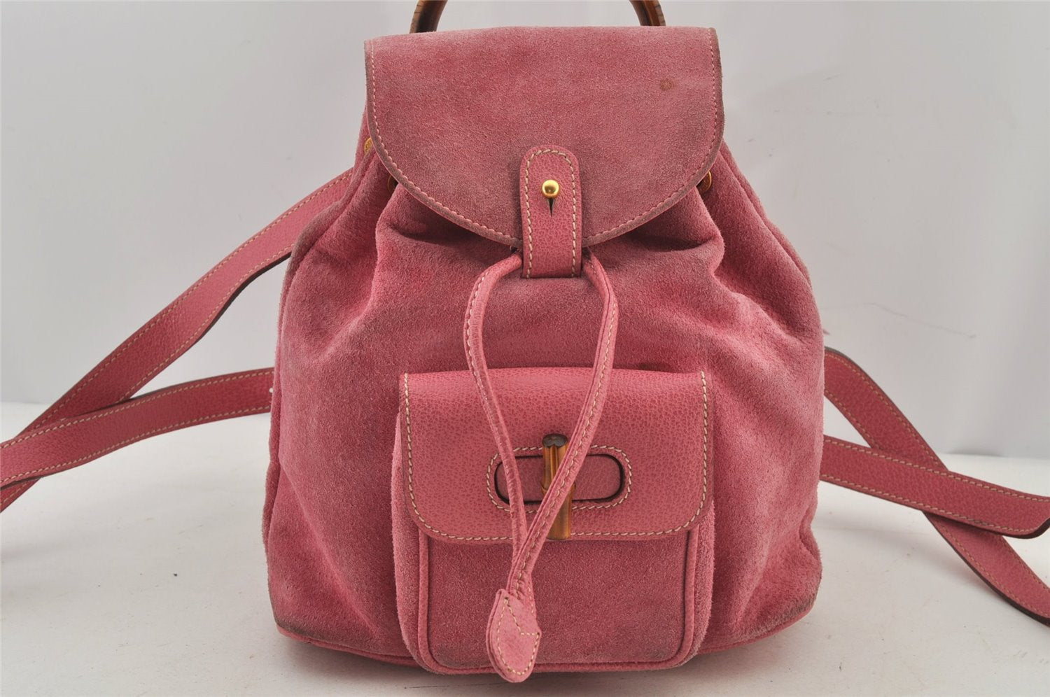 Authentic GUCCI Vintage Bamboo Drawstring Backpack Suede Leather Pink 6632J
