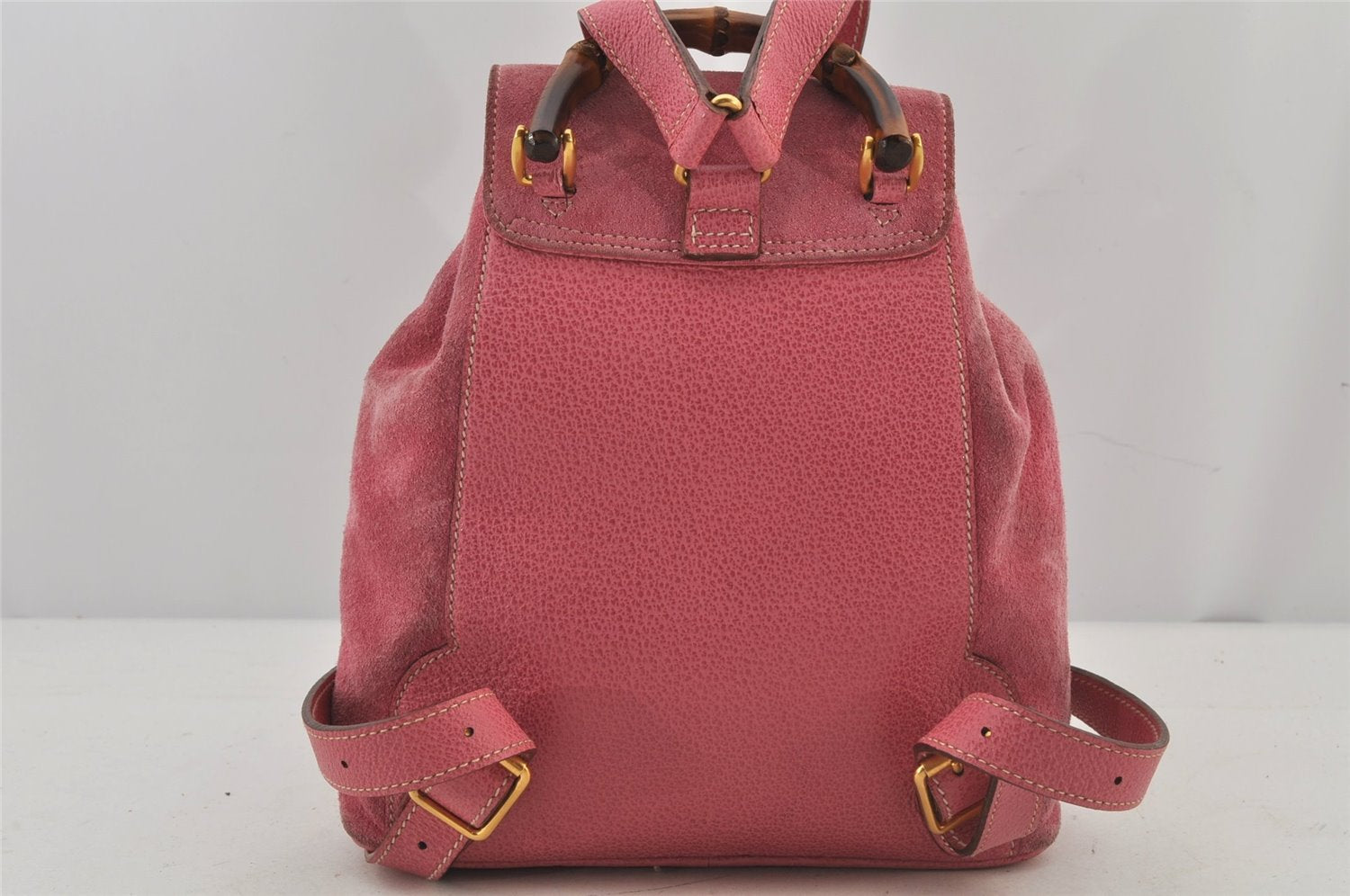 Authentic GUCCI Vintage Bamboo Drawstring Backpack Suede Leather Pink 6632J
