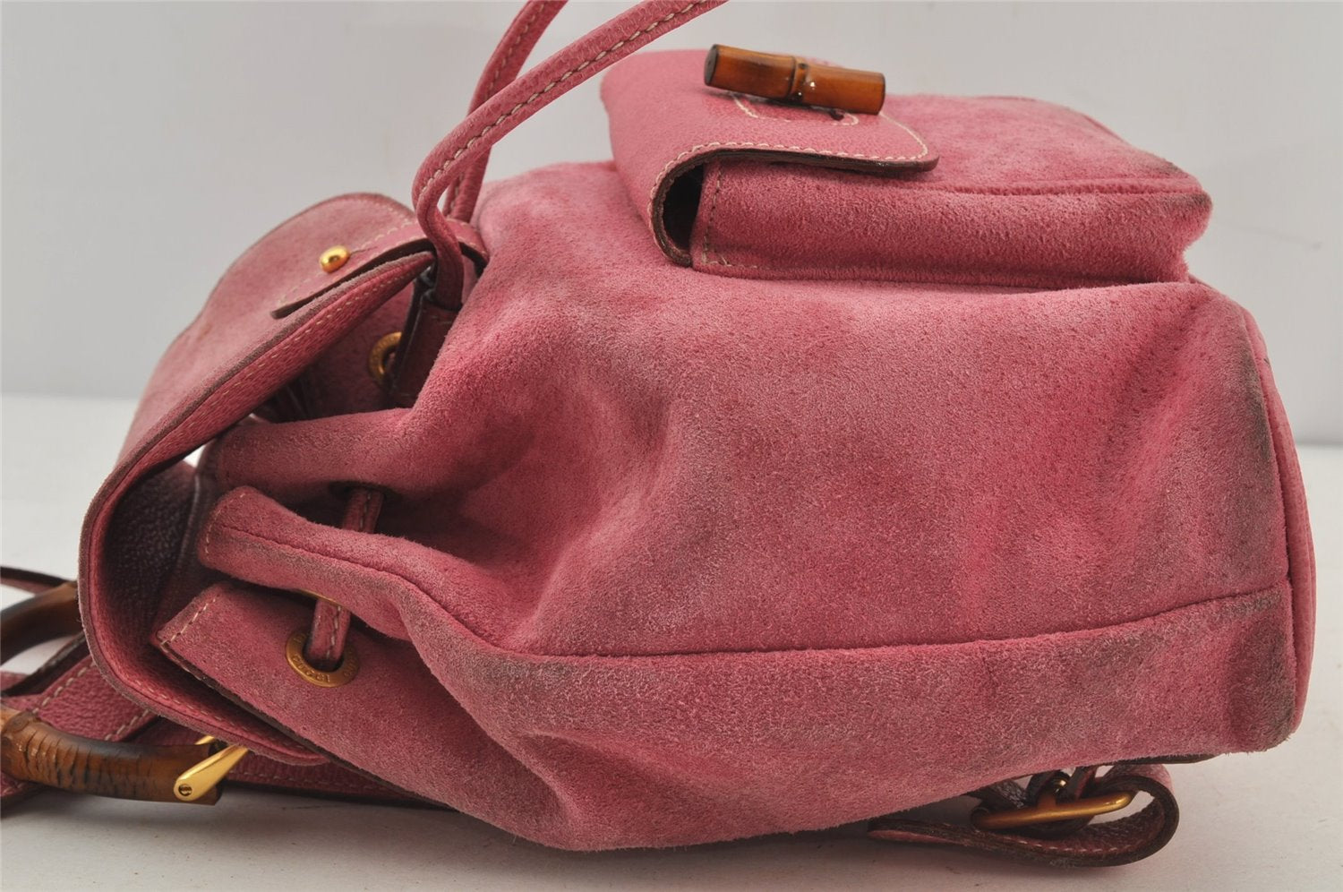 Authentic GUCCI Vintage Bamboo Drawstring Backpack Suede Leather Pink 6632J