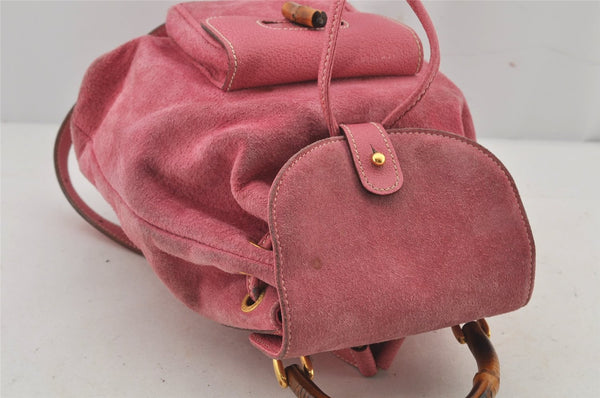 Authentic GUCCI Vintage Bamboo Drawstring Backpack Suede Leather Pink 6632J