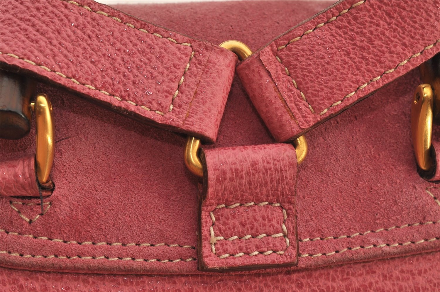 Authentic GUCCI Vintage Bamboo Drawstring Backpack Suede Leather Pink 6632J