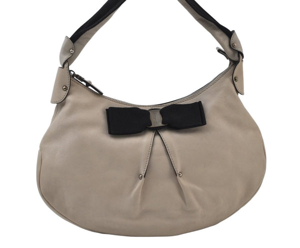 Authentic Salvatore Ferragamo Vara Ribbon Shoulder Hand Bag Leather Beige 6635I