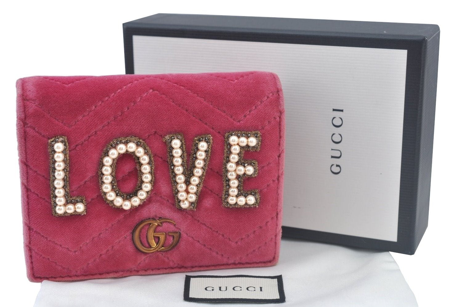 Auth GUCCI GG Marmont LOVE Double G Bifold Wallet Velour 466492 Pink Box 6637I