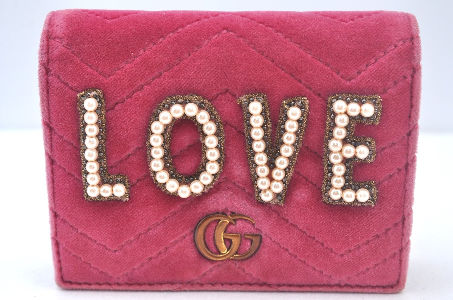 Auth GUCCI GG Marmont LOVE Double G Bifold Wallet Velour 466492 Pink Box 6637I