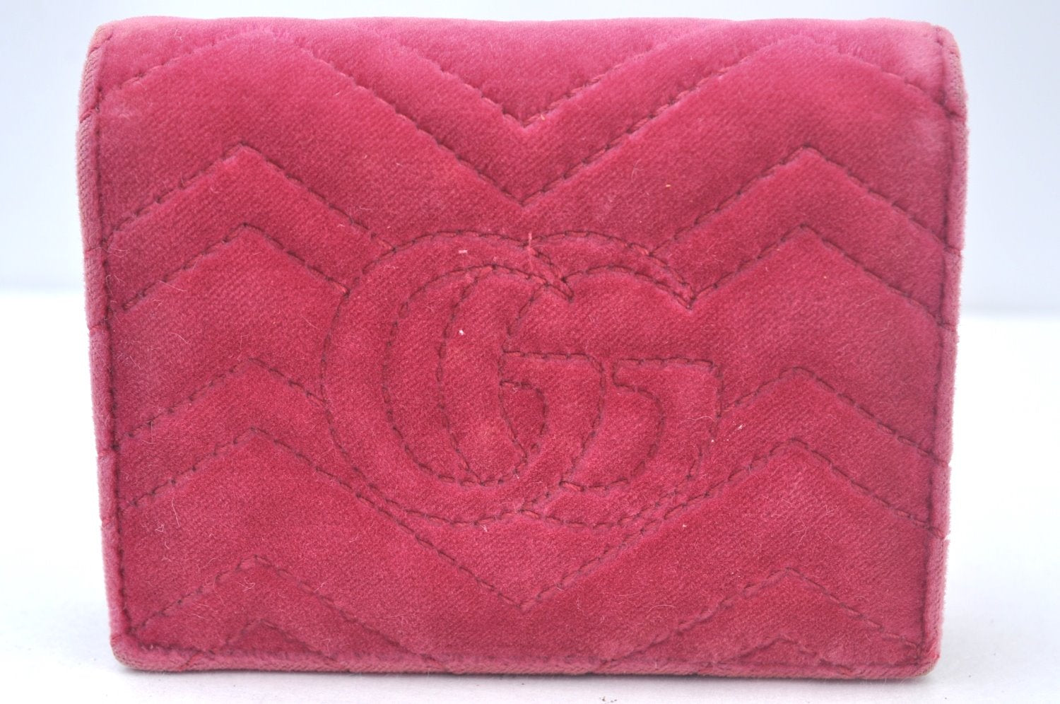 Auth GUCCI GG Marmont LOVE Double G Bifold Wallet Velour 466492 Pink Box 6637I