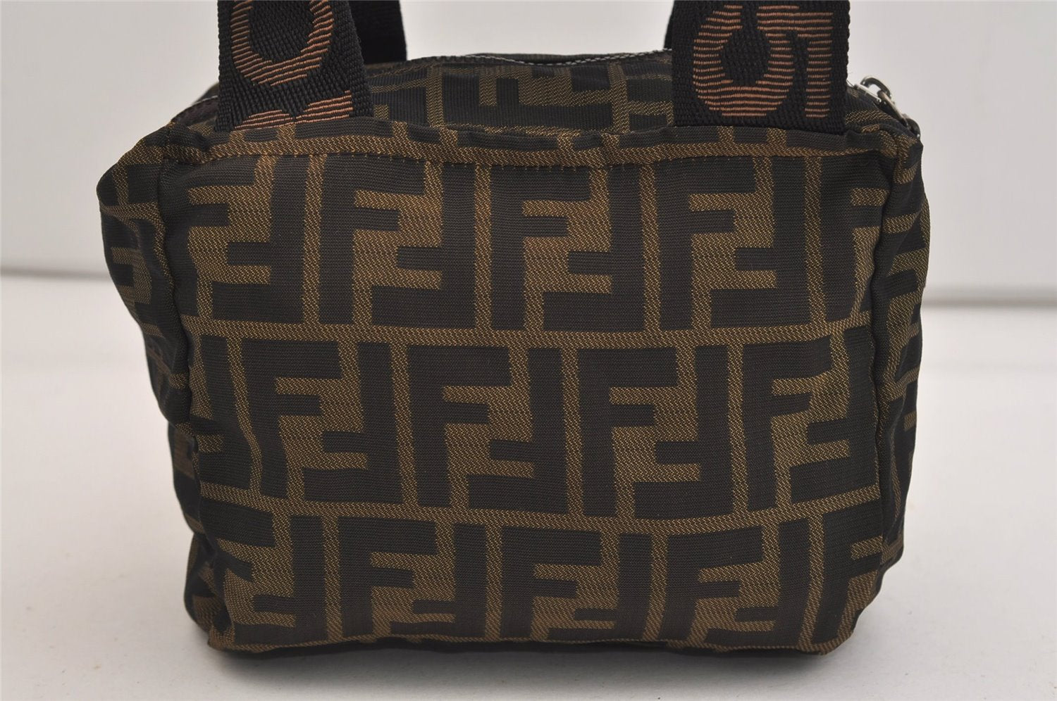 Authentic FENDI Vintage Zucca Hand Bag Purse Nylon Leather Brown 6641J