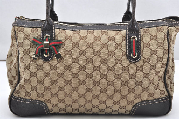 Auth GUCCI Web Sherry Line Princy Ribbon Tote Bag GG Canvas 177052 Brown 6641K