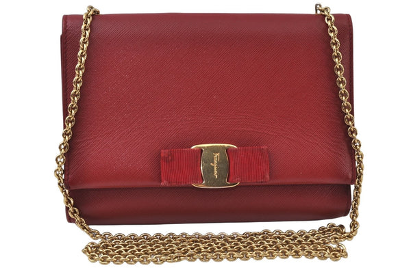 Authentic Salvatore Ferragamo Vara Ribbon Leather Chain Shoulder Bag Red 6642I