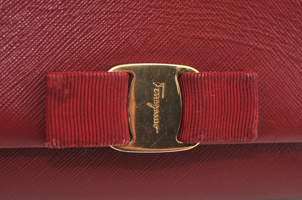 Authentic Salvatore Ferragamo Vara Ribbon Leather Chain Shoulder Bag Red 6642I