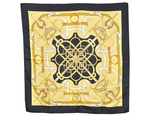 Authentic HERMES Carre 70 Scarf "Eperon d' or" Silk Black 6642J