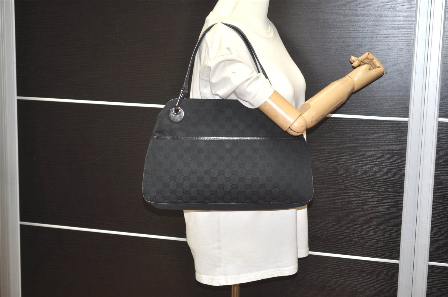 Authentic GUCCI Eclipse Shoulder Tote Bag GG Canvas Leather 121023 Black 6644I