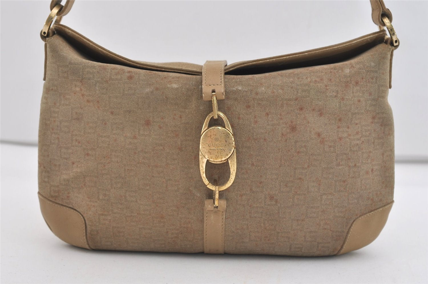 Authentic GUCCI Square GG Shoulder Hand Bag Suede Leather 0014147 Beige 6648J