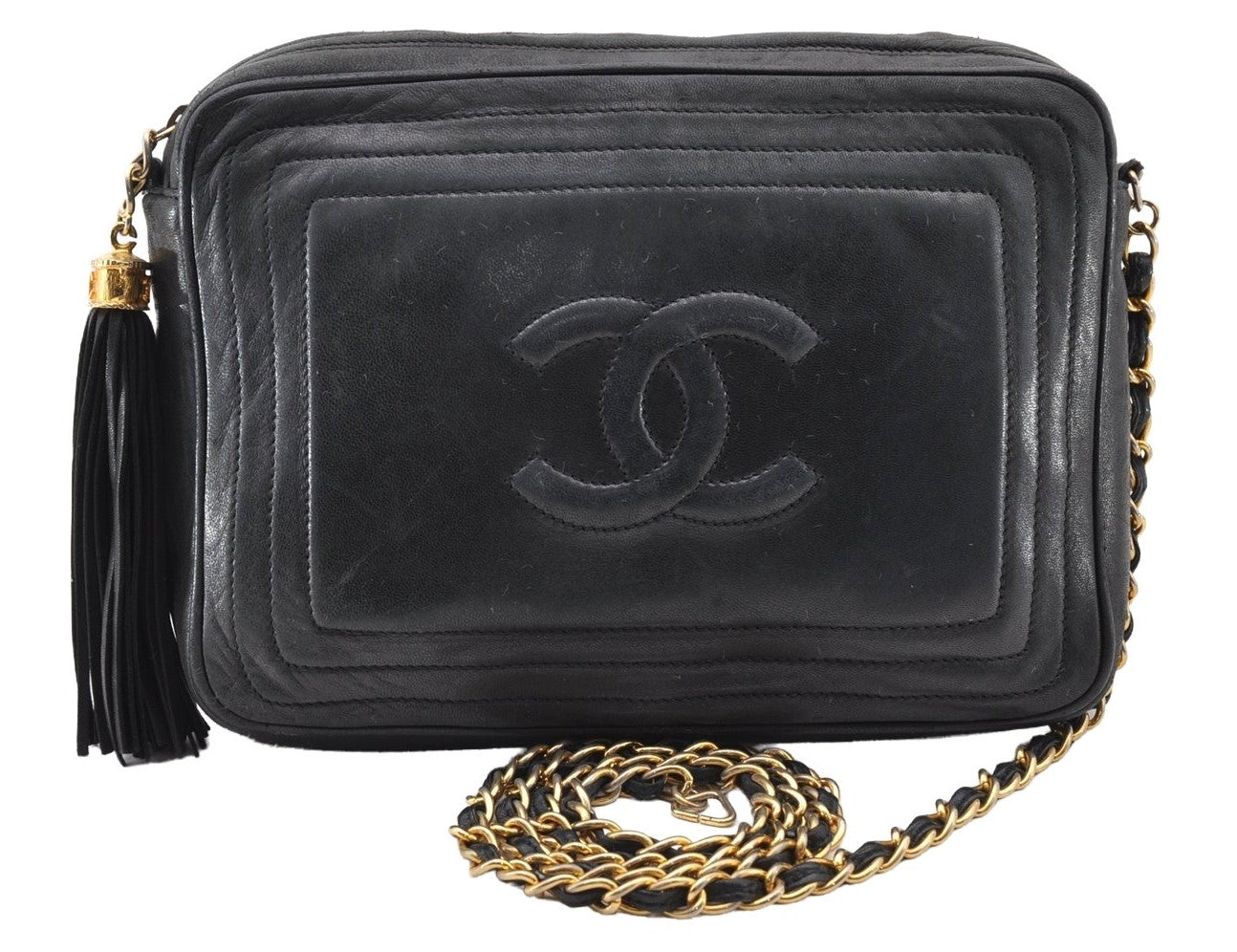 Authentic CHANEL Tassel Lamb Skin Chain Shoulder Bag Purse Black CC Junk 6654I