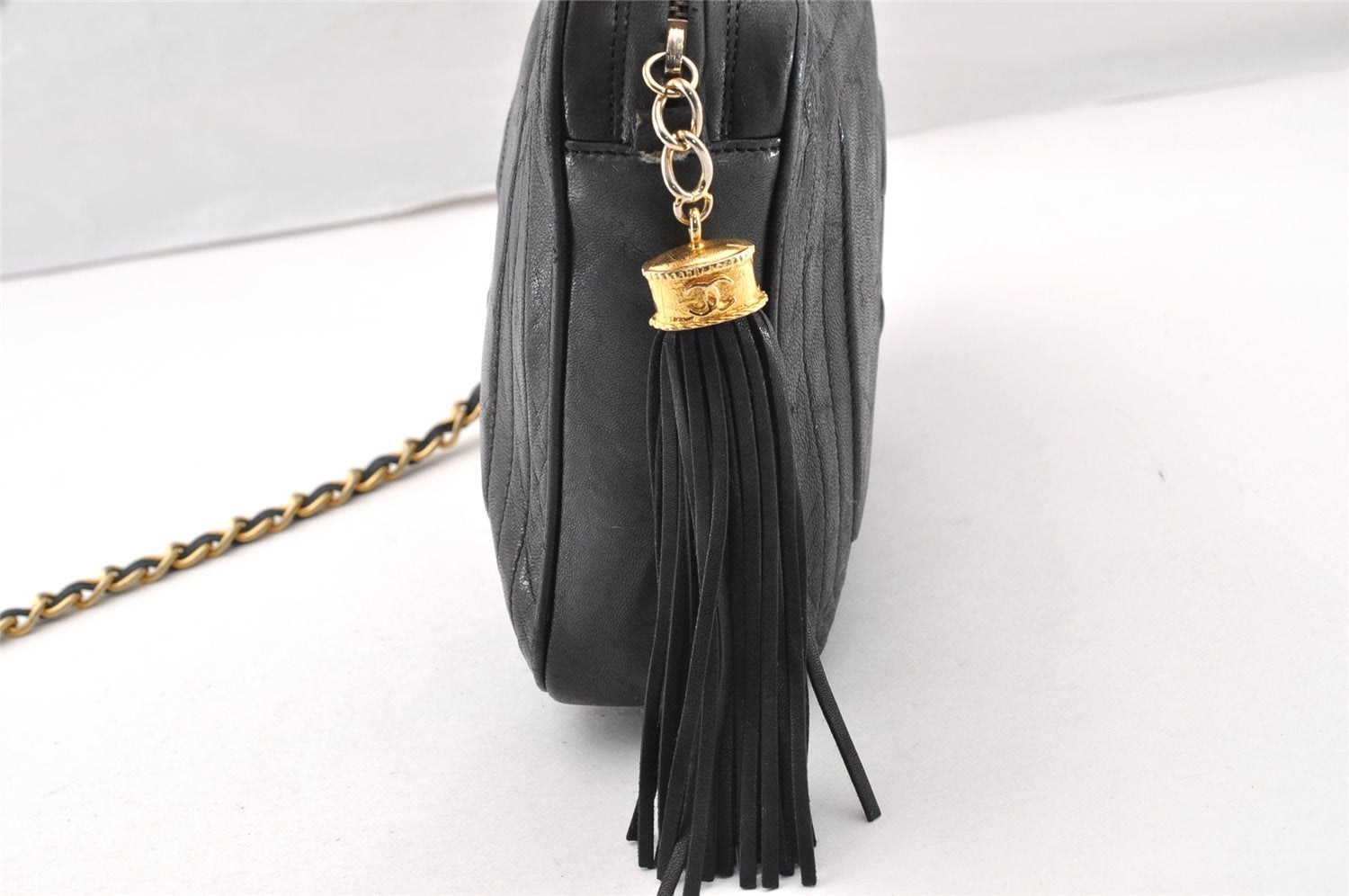 Authentic CHANEL Tassel Lamb Skin Chain Shoulder Bag Purse Black CC Junk 6654I