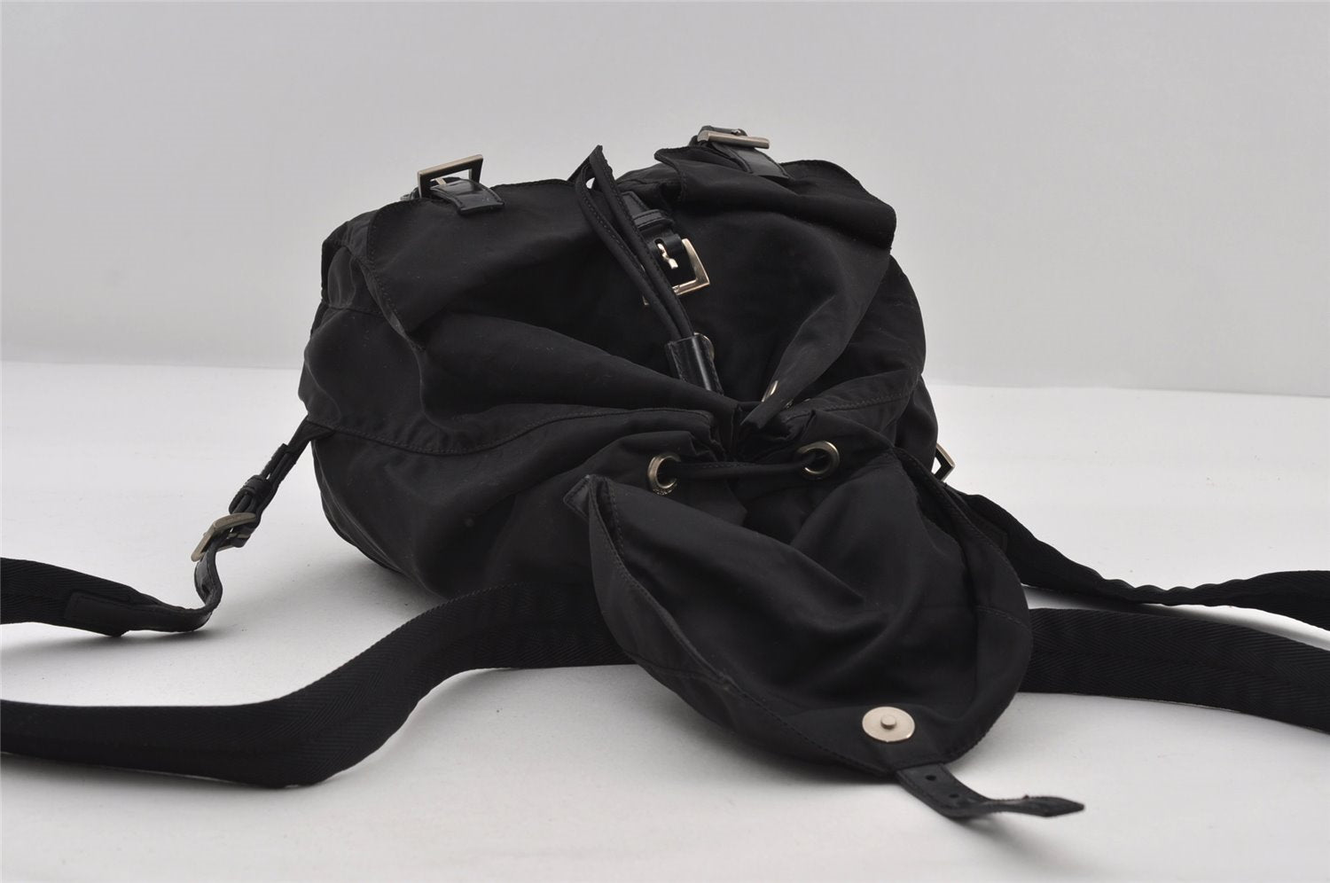 Authentic PRADA Vela Nylon Tessuto Leather Drawstring Backpack B6677 Black 6658I