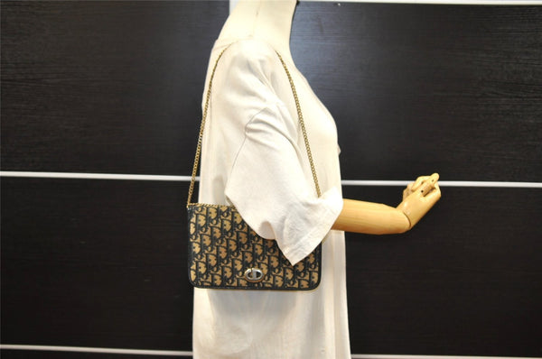Authentic Christian Dior Trotter Chain Hand Bag Purse Canvas Leather Blue 6661I