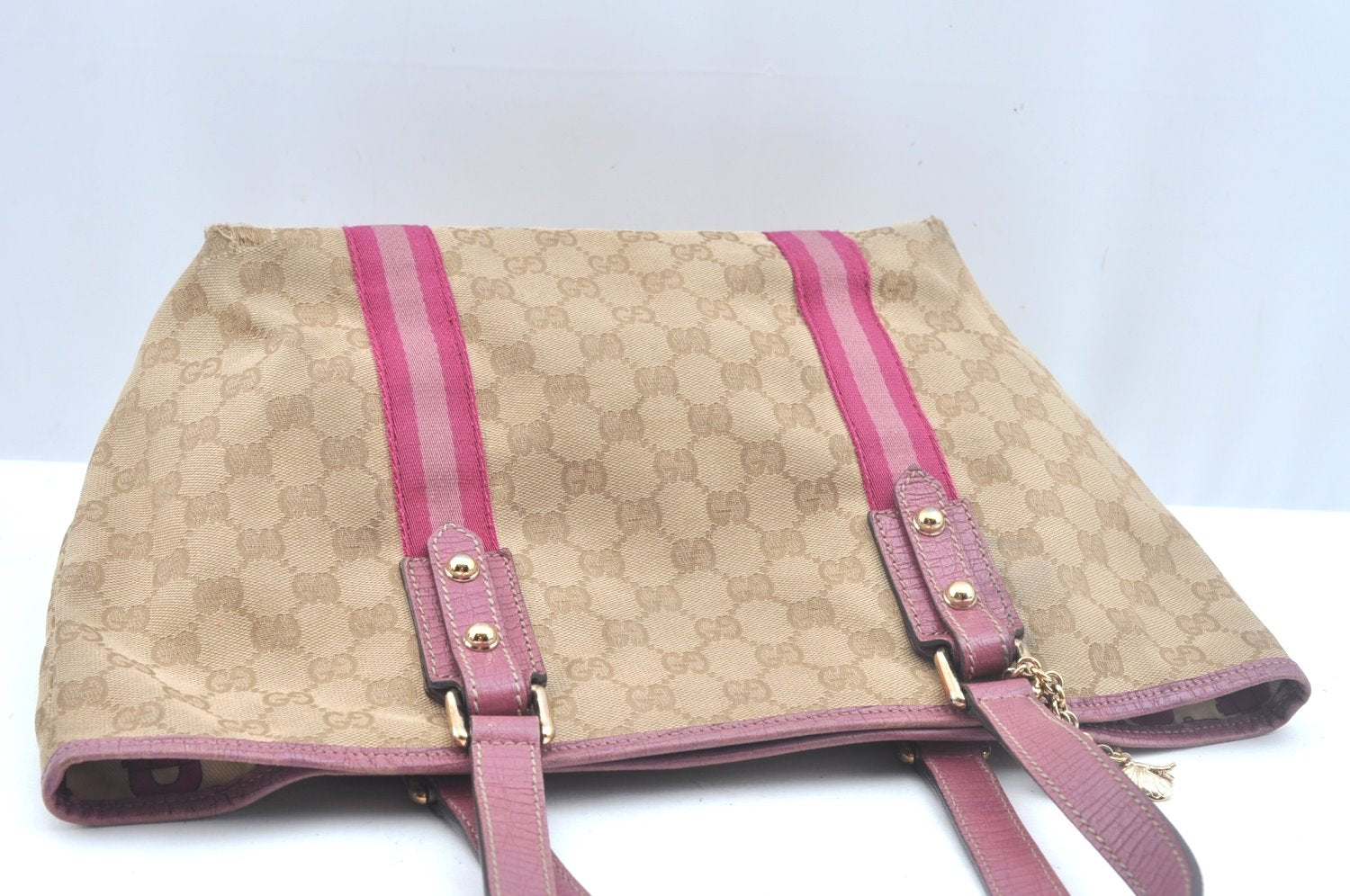 Authentic GUCCI Sherry Line Tote Bag GG Canvas Leather 137396 Beige 6671J
