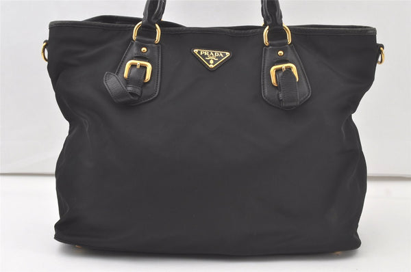 Authentic PRADA Vintage Nylon Tessuto Leather 2Way Shoulder Tote Bag Black 6671K