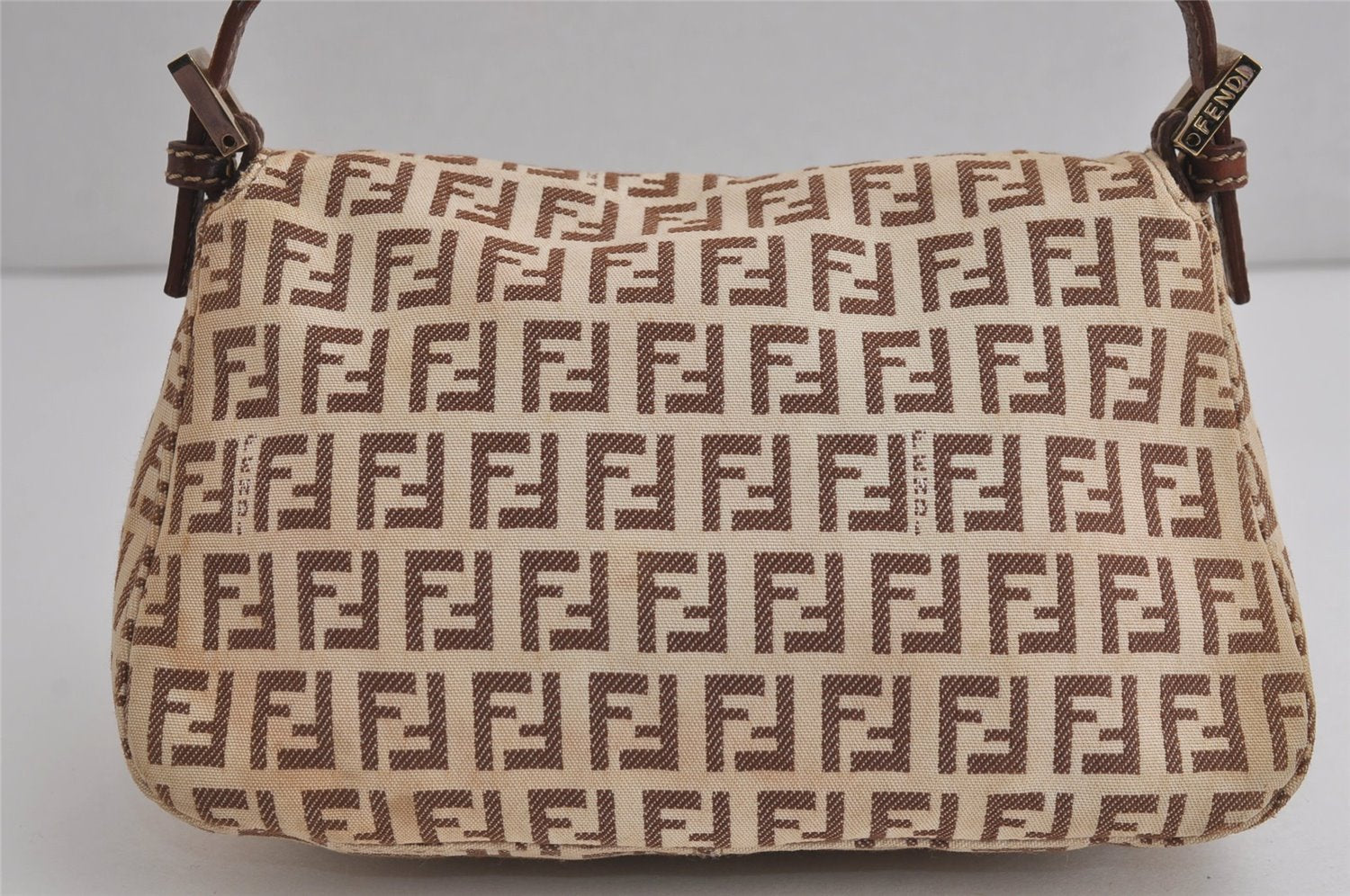 Auth FENDI Zucchino Mamma Baguette Shoulder Bag Canvas Leather Brown 6672J