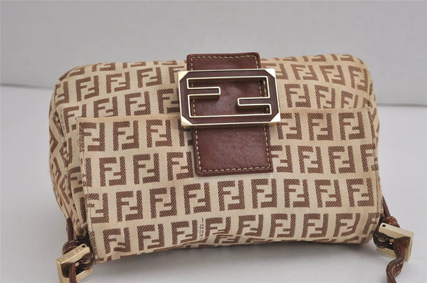 Auth FENDI Zucchino Mamma Baguette Shoulder Bag Canvas Leather Brown 6672J