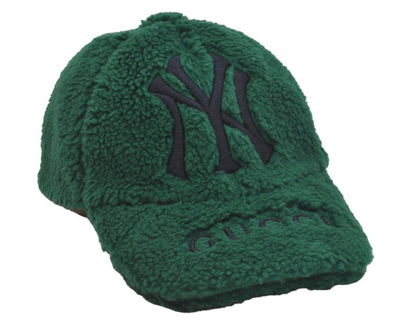 Authentic GUCCI Vintage New York Yankees Cap Hat Wool Leather Size M Green 6673J