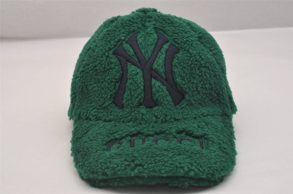 Authentic GUCCI Vintage New York Yankees Cap Hat Wool Leather Size M Green 6673J