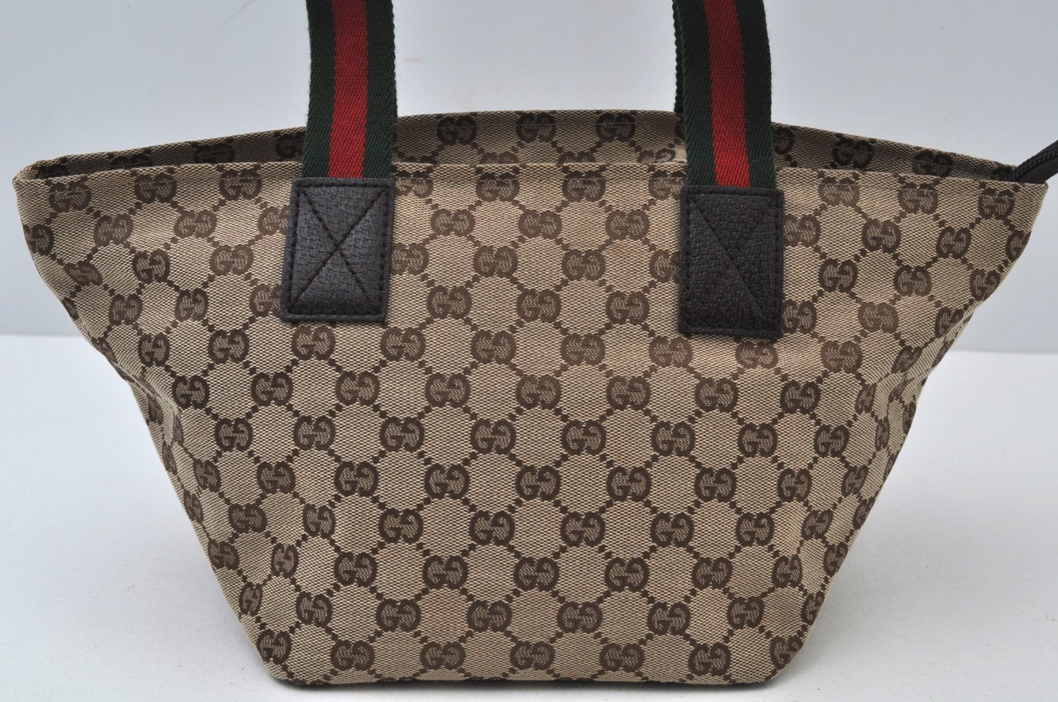 Authentic GUCCI Web Sherry Line Tote Bag GG Canvas Leather 131228 Brown 6674J