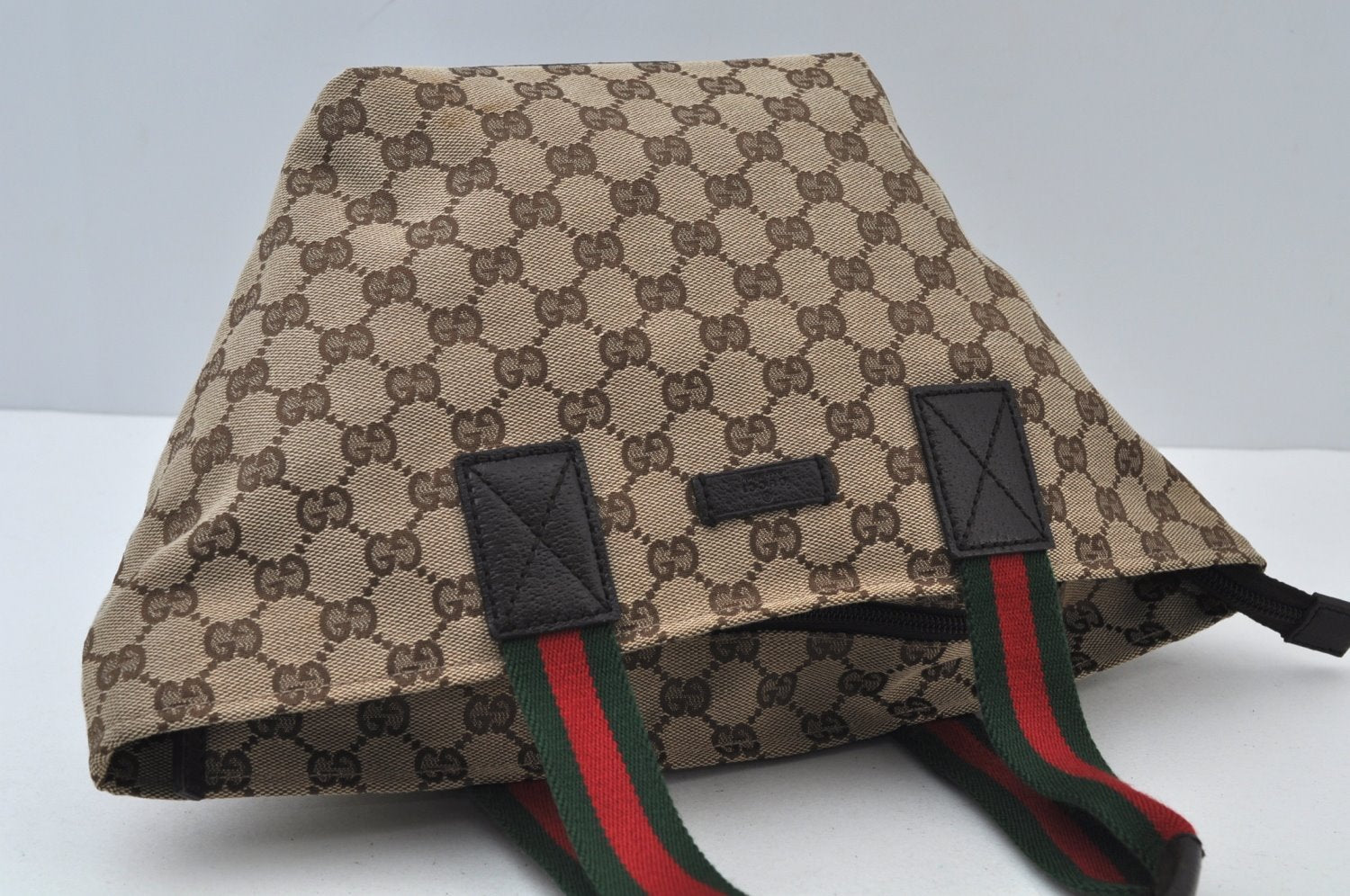 Authentic GUCCI Web Sherry Line Tote Bag GG Canvas Leather 131228 Brown 6674J