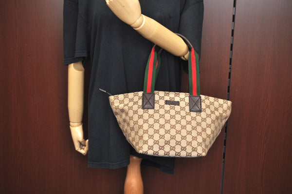 Authentic GUCCI Web Sherry Line Tote Bag GG Canvas Leather 131228 Brown 6674J