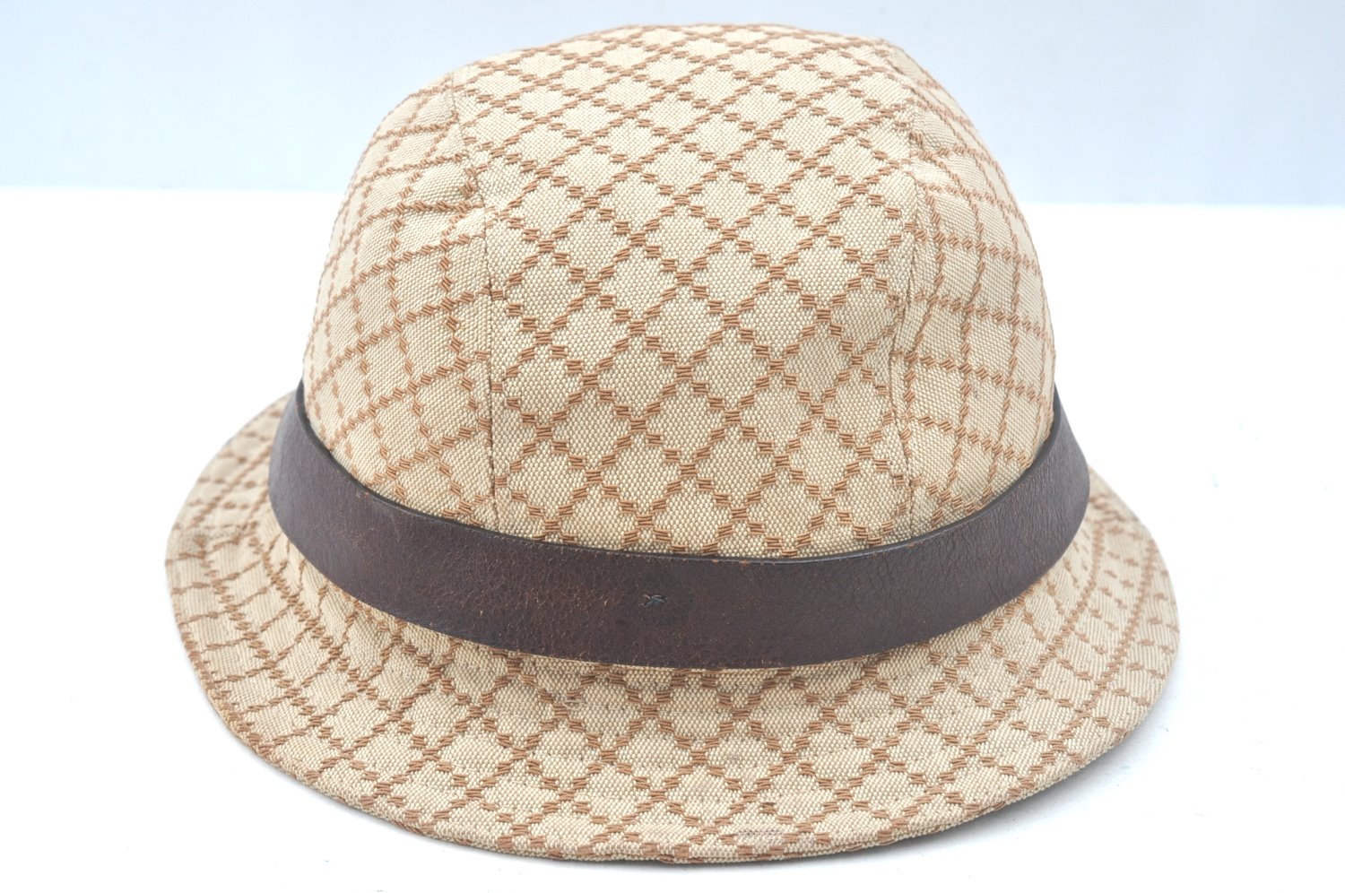 Authentic GUCCI Vintage Diamante Hat Cap Canvas Leather Size XL Brown 6682J