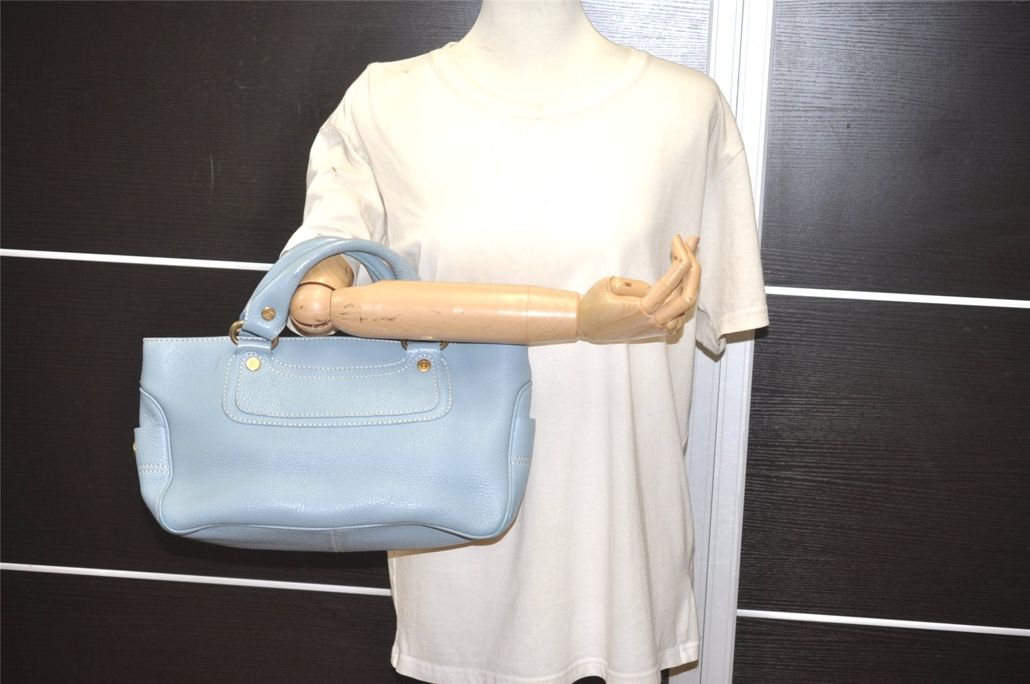 Authentic CELINE Boogie Bag Vintage Hand Bag Purse Leather Light Blue 6685I