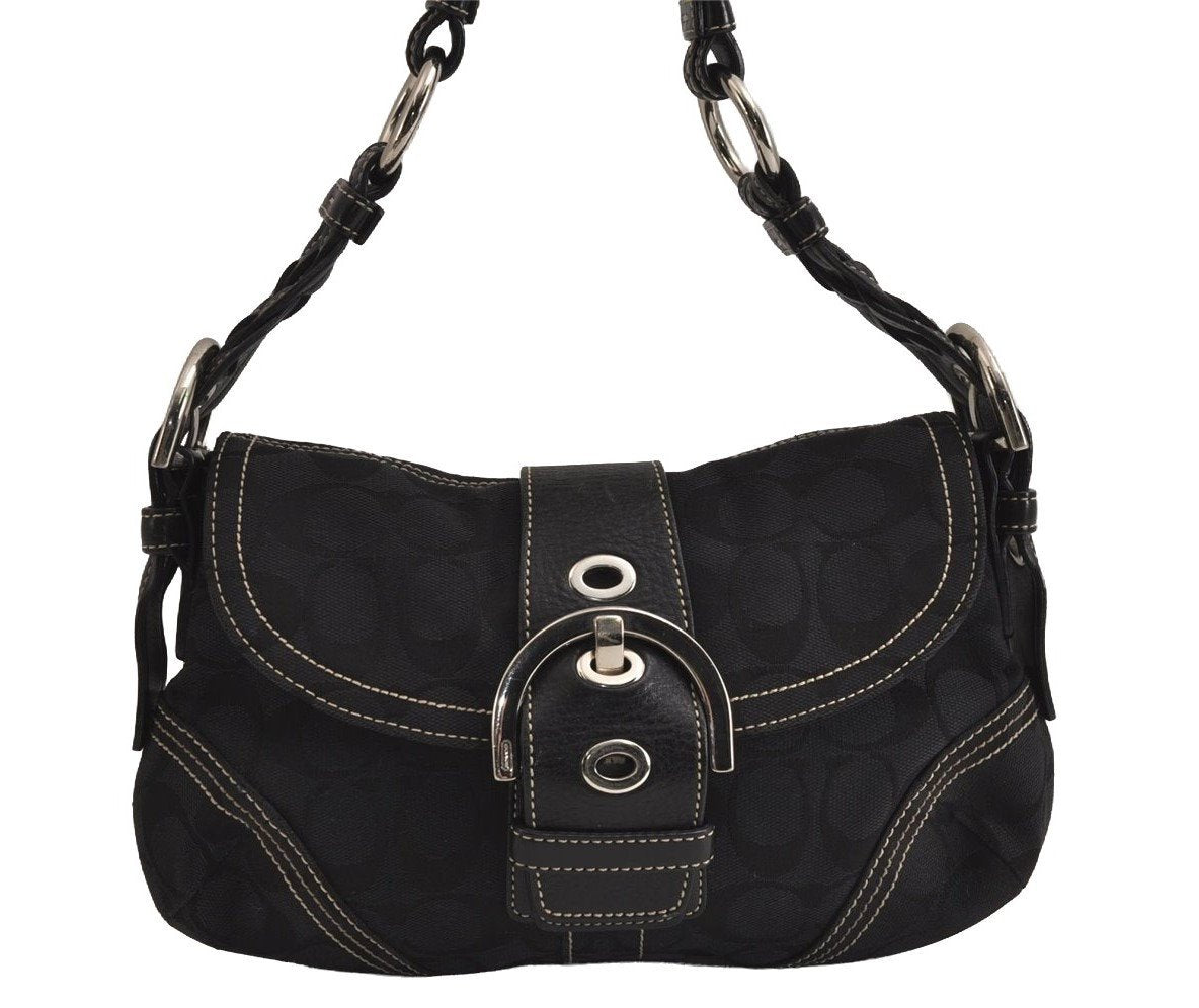 Authentic COACH Signature Shoulder Bag Purse Canvas Leather 6171 Black 6690J