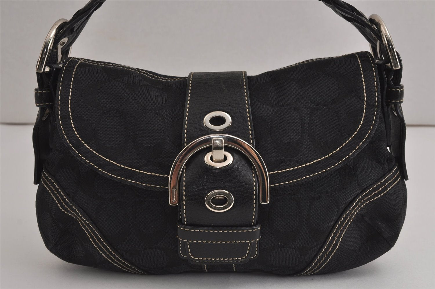 Authentic COACH Signature Shoulder Bag Purse Canvas Leather 6171 Black 6690J