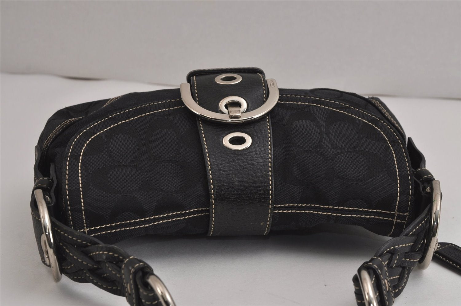 Authentic COACH Signature Shoulder Bag Purse Canvas Leather 6171 Black 6690J