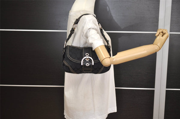 Authentic COACH Signature Shoulder Bag Purse Canvas Leather 6171 Black 6690J