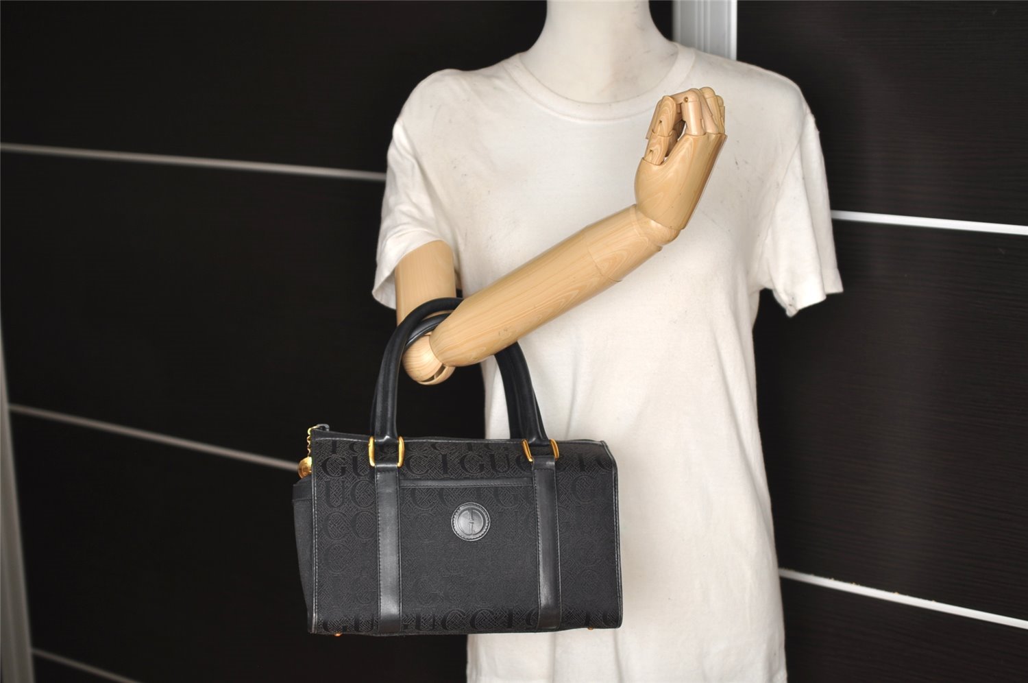 Authentic GUCCI Vintage Hand Boston Bag Purse Canvas Leather Black Junk 6692I