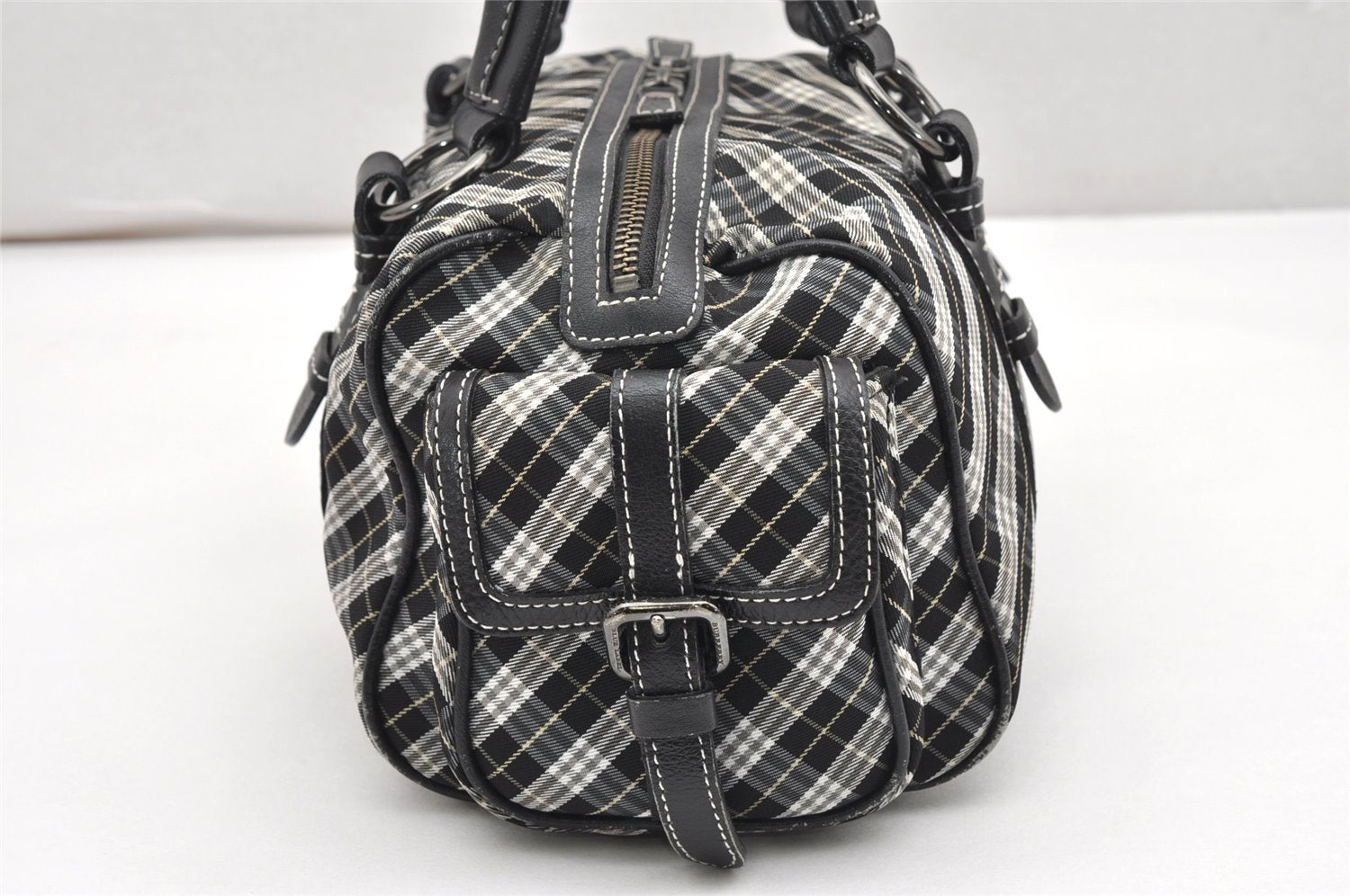 Authentic BURBERRY BLUE LABEL Check Hand Boston Bag Nylon Leather Black 6697K