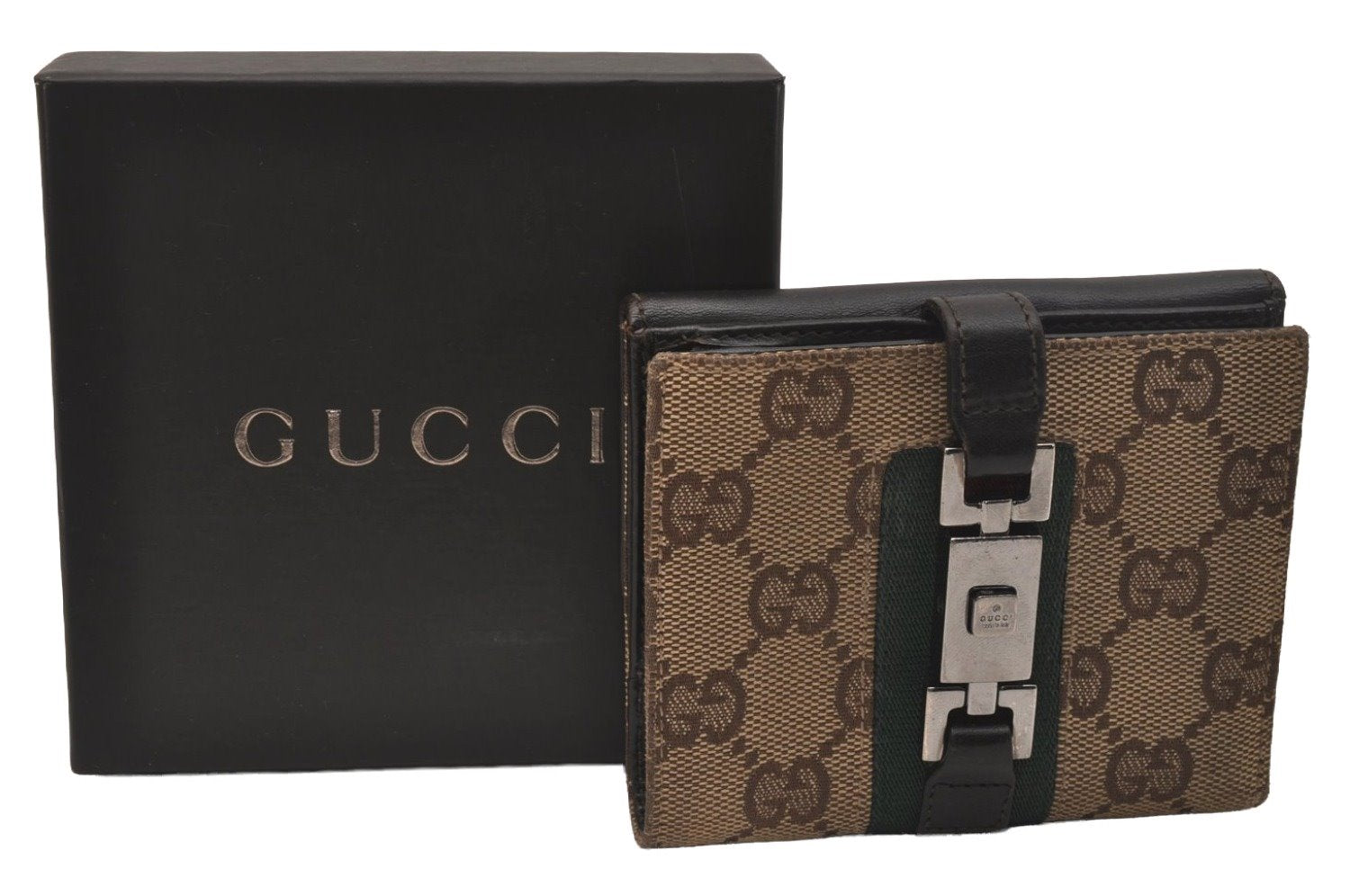 Auth GUCCI Web Sherry Line Jackie Wallet Canvas Leather 05470 Brown Box 6704J