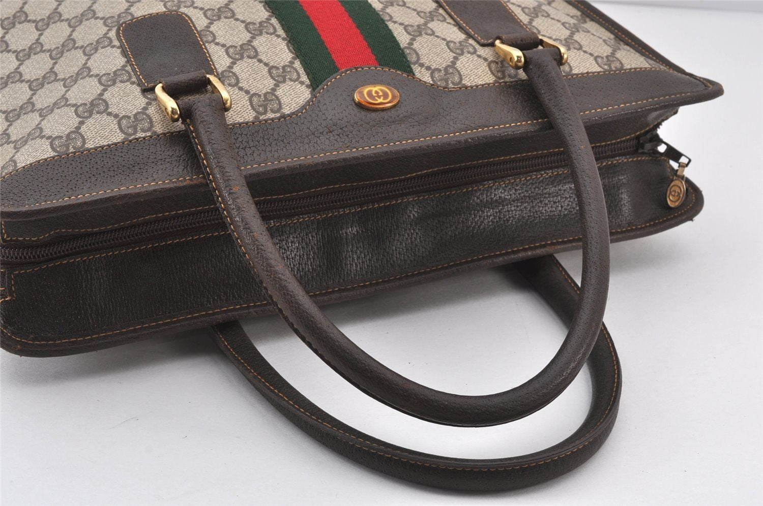 Authentic GUCCI Web Sherry Line Hand Tote Bag GG PVC Leather Brown Junk 6710K