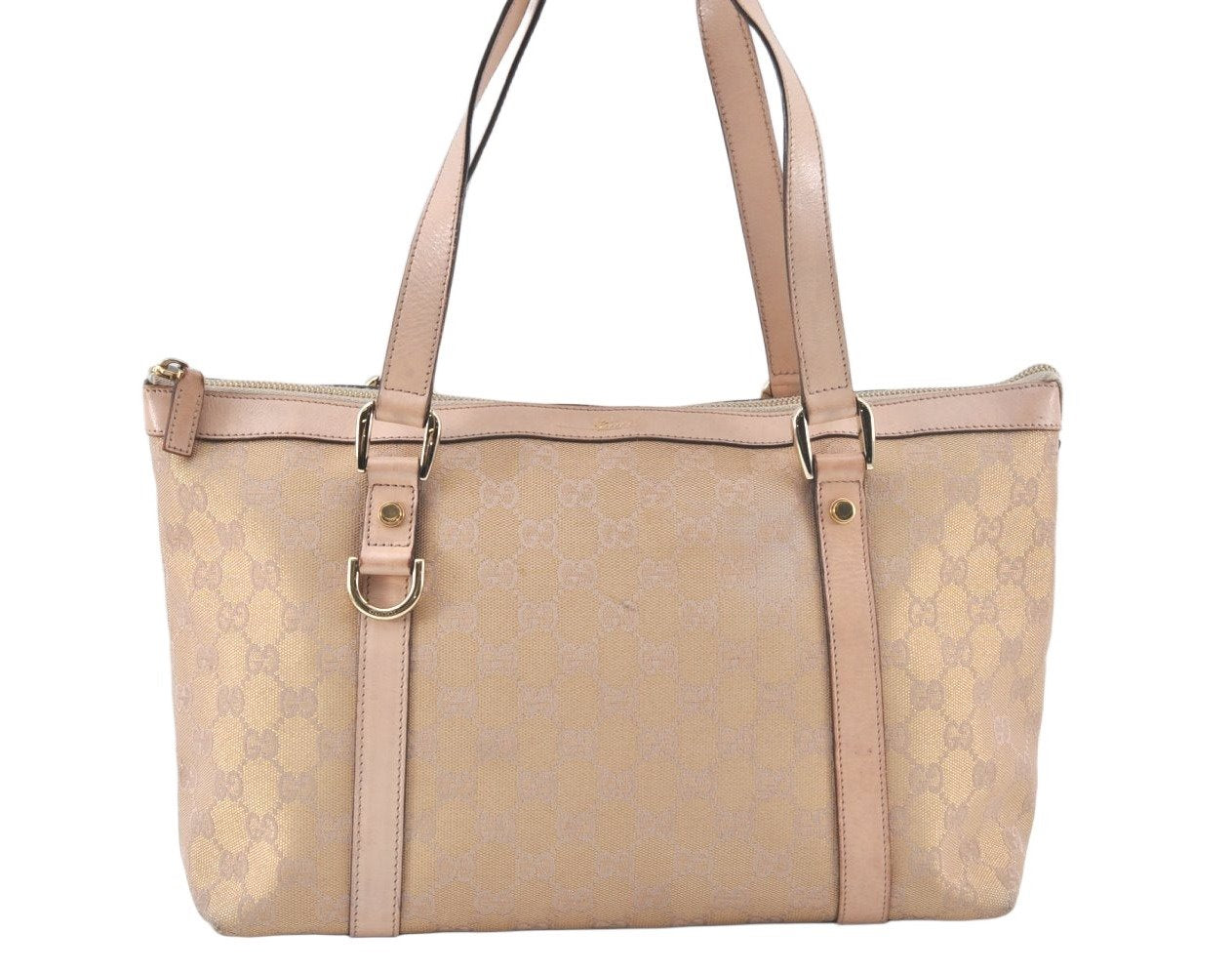 Authentic GUCCI Abbey Shoulder Tote Bag GG Canvas Leather 141470 Pink Gold 6713J