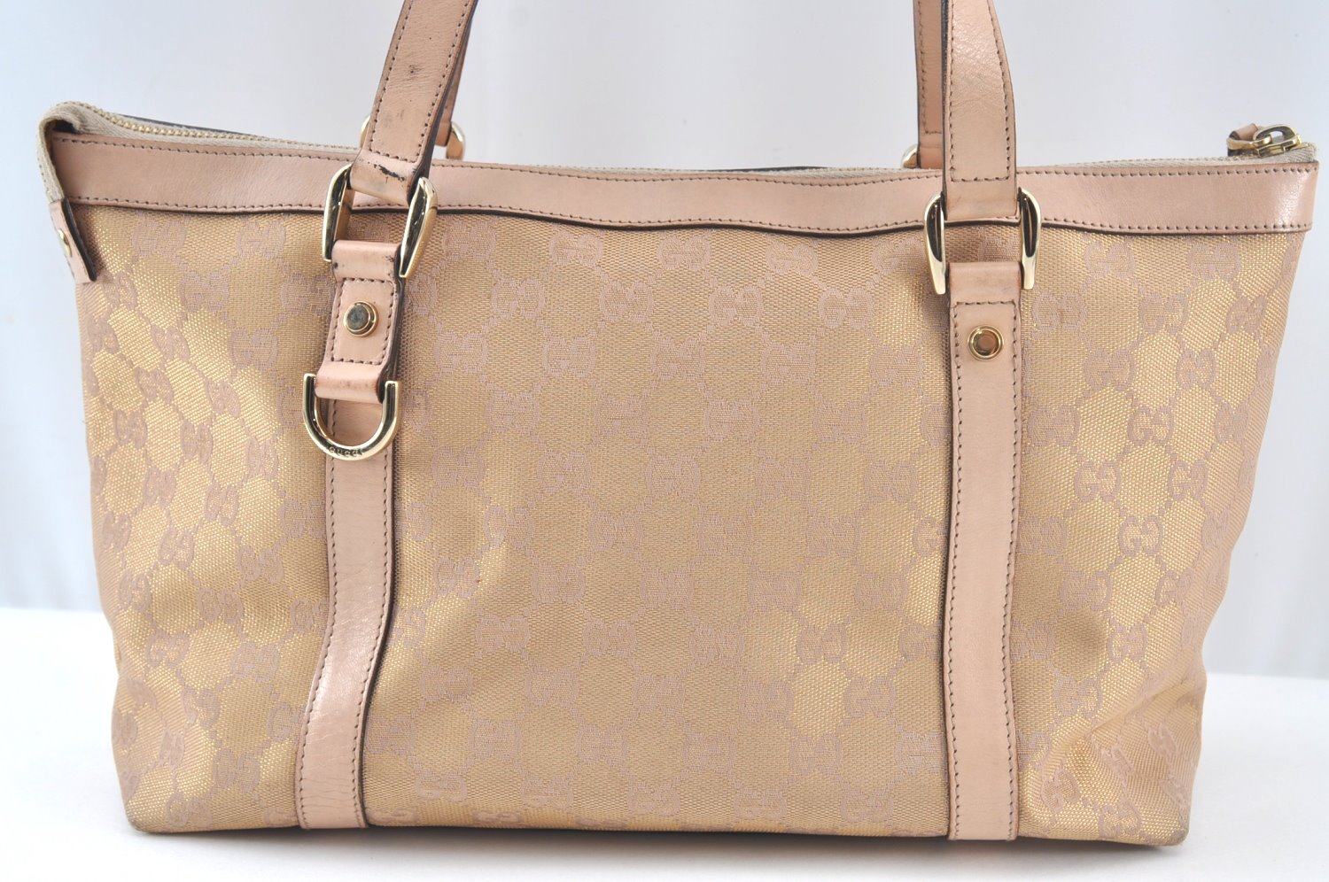 Authentic GUCCI Abbey Shoulder Tote Bag GG Canvas Leather 141470 Pink Gold 6713J