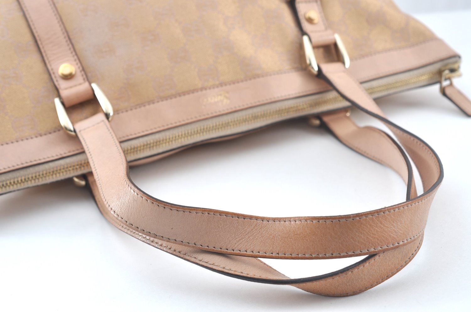 Authentic GUCCI Abbey Shoulder Tote Bag GG Canvas Leather 141470 Pink Gold 6713J