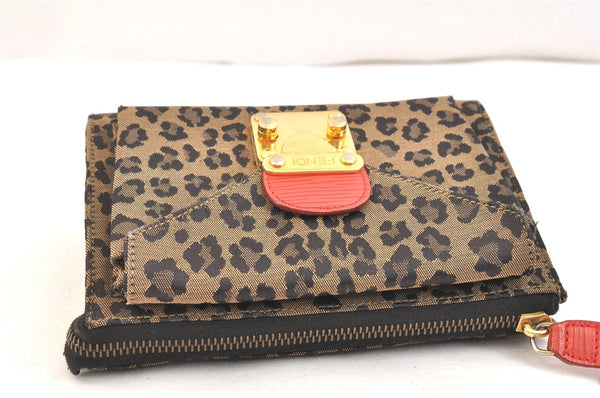 Authentic FENDI Leopard Pattern Clutch Hand Bag Purse Canvas Leather Brown 6715K