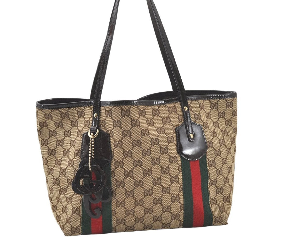 Authentic GUCCI Jolie Web Sherry Line Tote Bag GG Canvas Enamel Brown 6725K