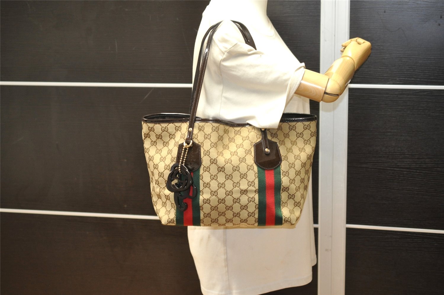 Authentic GUCCI Jolie Web Sherry Line Tote Bag GG Canvas Enamel Brown 6725K