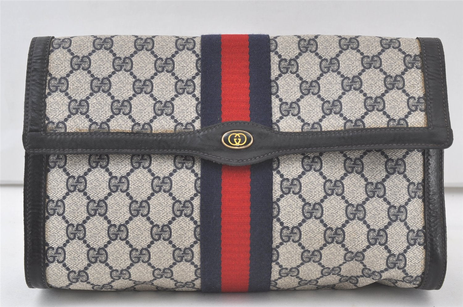 Authentic GUCCI Sherry Line Clutch Hand Bag GG PVC Leather Navy Blue Junk 6728K