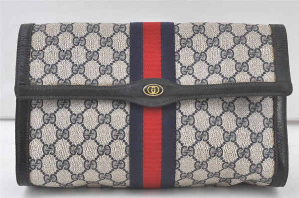 Authentic GUCCI Sherry Line Clutch Hand Bag GG PVC Leather Navy Blue Junk 6728K