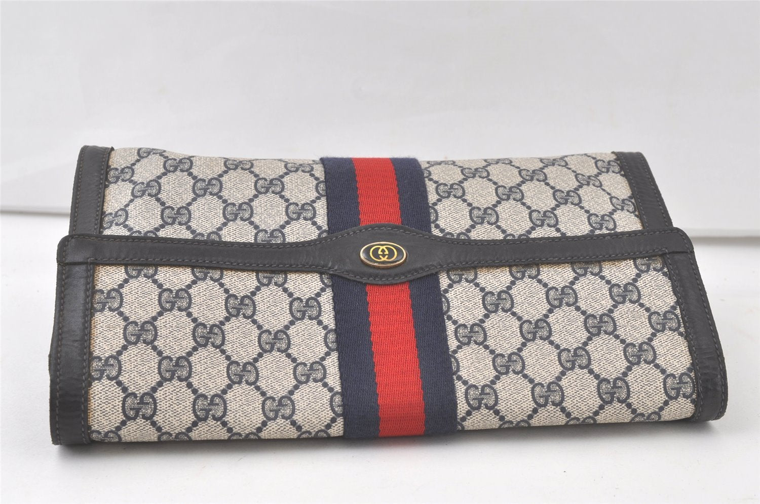 Authentic GUCCI Sherry Line Clutch Hand Bag GG PVC Leather Navy Blue Junk 6728K