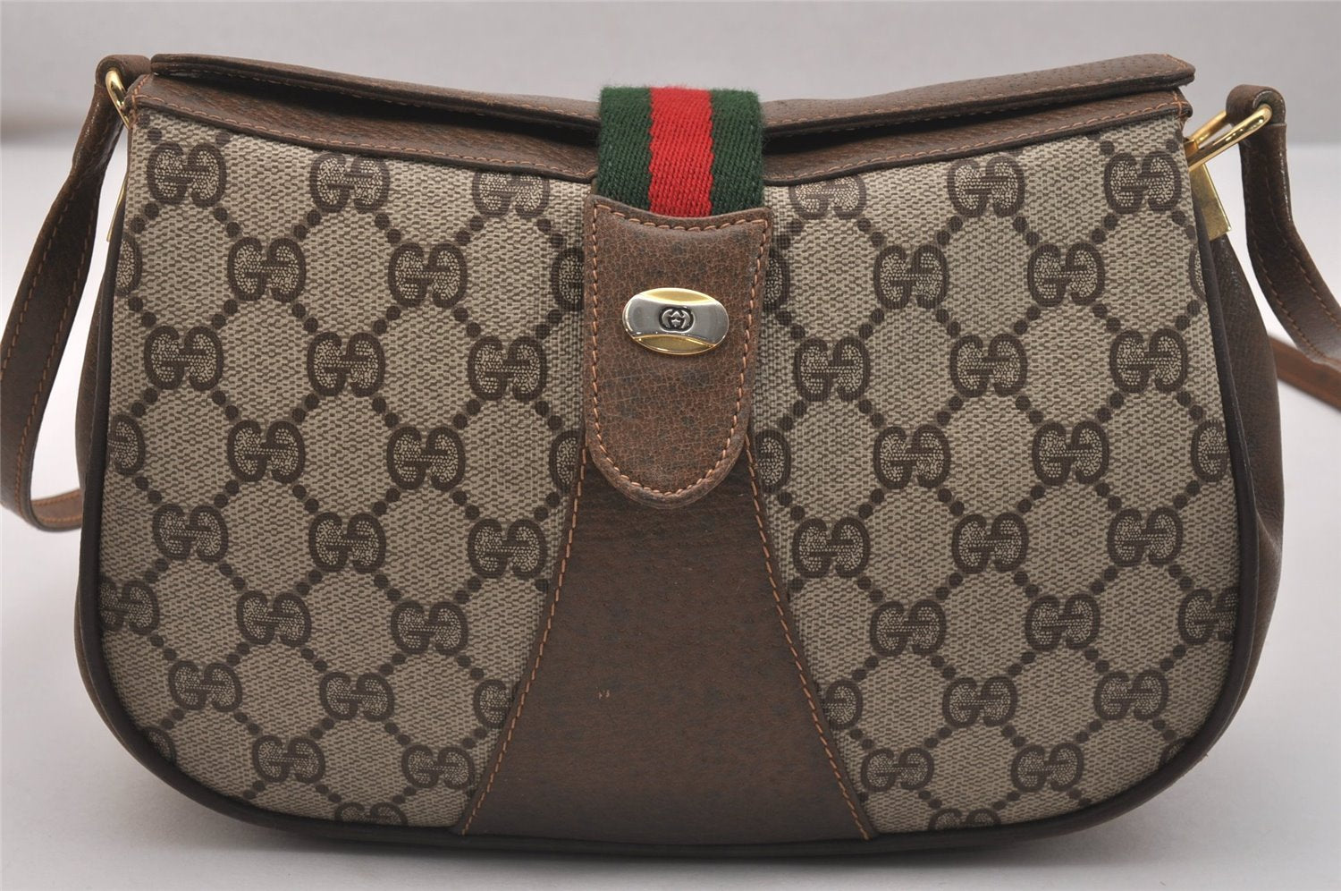 Authentic GUCCI Web Sherry Line Shoulder Cross Bag GG PVC Leather Brown 6729J